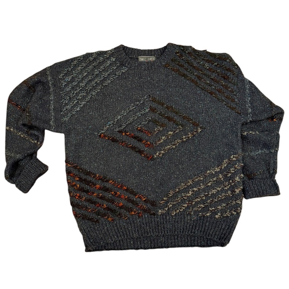 Magnet Vtg 90s Crewneck Sweater Mens grandpa Gray Geometric Textured Knit sz M